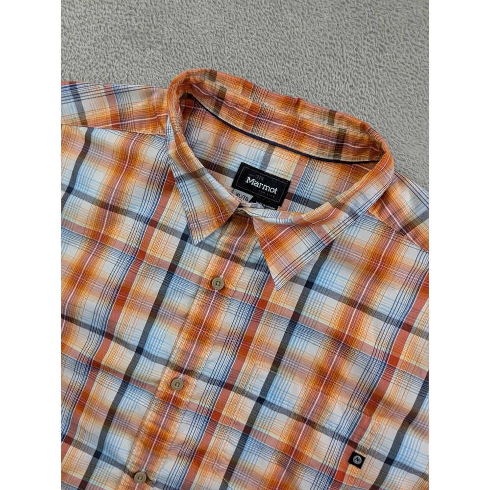 Marmot Mens XL Short Sleeve Plaid Button Down Shirt Orange Blue SCC-363